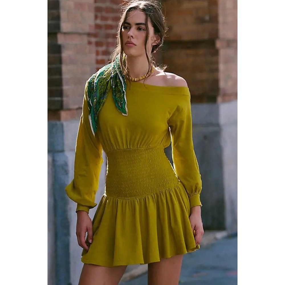 NWT Free People Scorching Hot Long Sleeve Mini Dress in Golden Palm Size Small